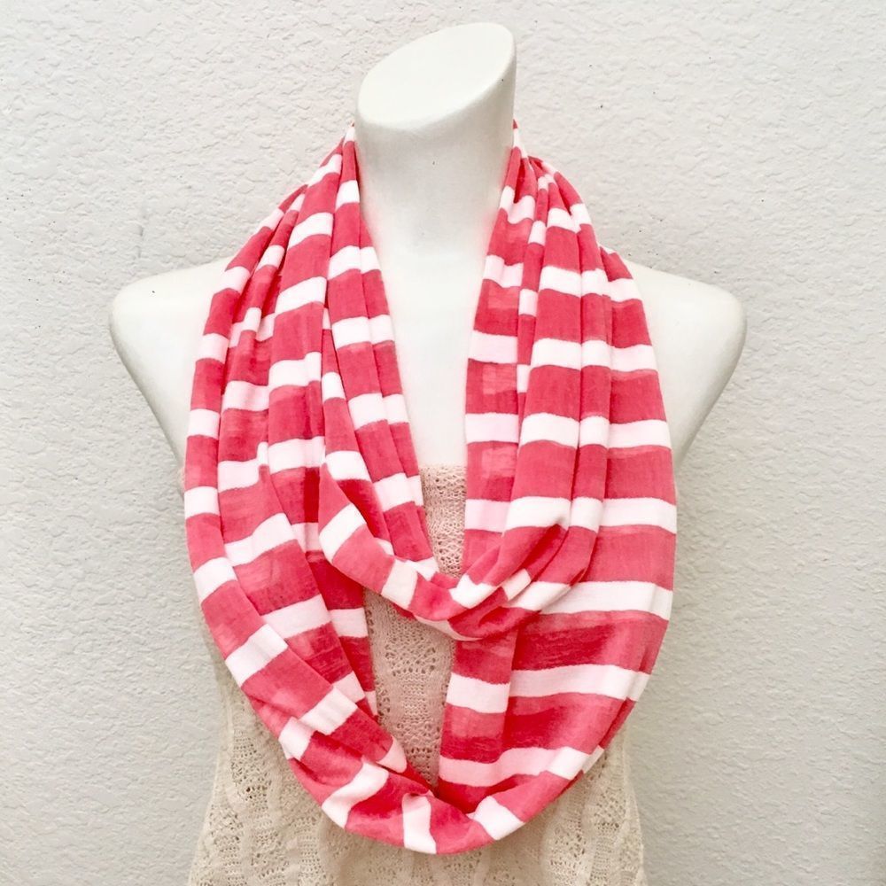 Coral & Ivory Striped Knit Jersey Infinity Scarf NWT